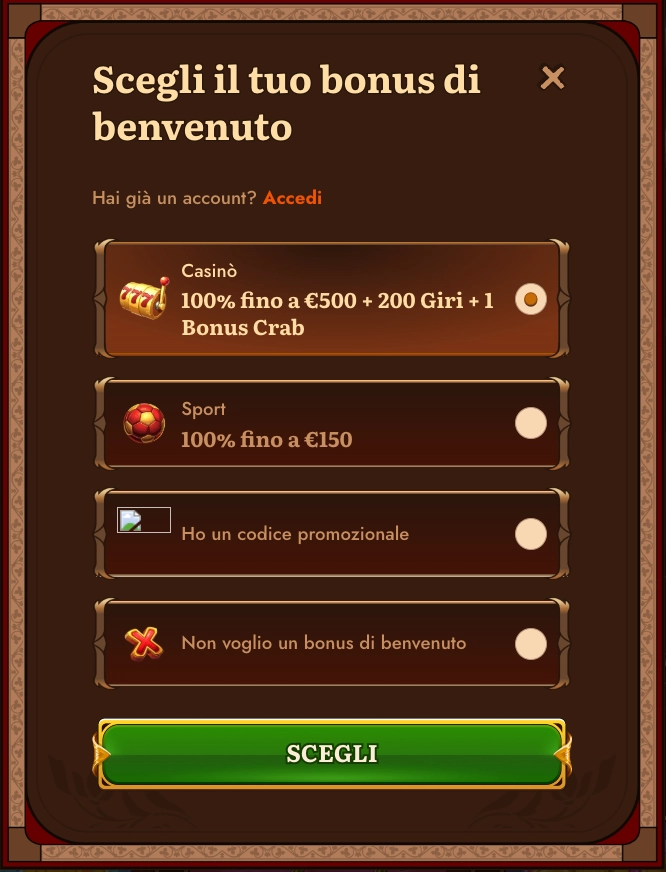 Procedura di registrazione Wild Robin Casino